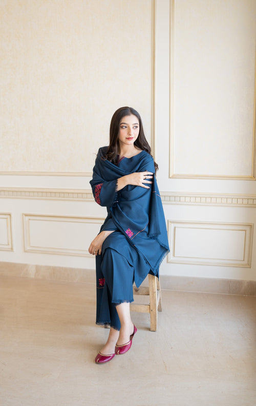 Aisling - 3PC Unstitched Dhanak Embroidered Shirt with Dhanak Embroidered Shawl and Trouser