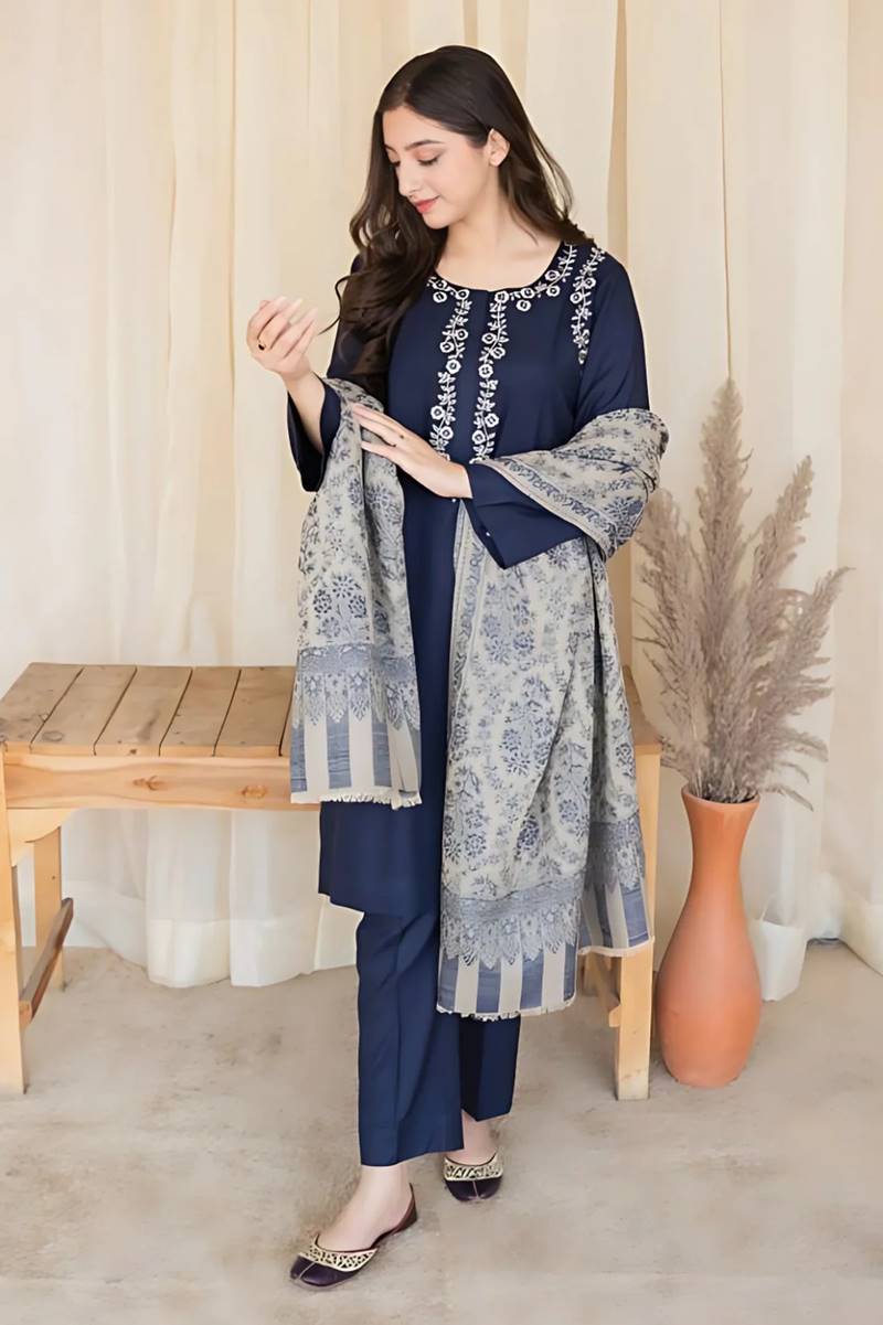 Aisling - 3PC Unstitched Dhanak Embroidered Shirt with Dhanak Shawl and Trouser