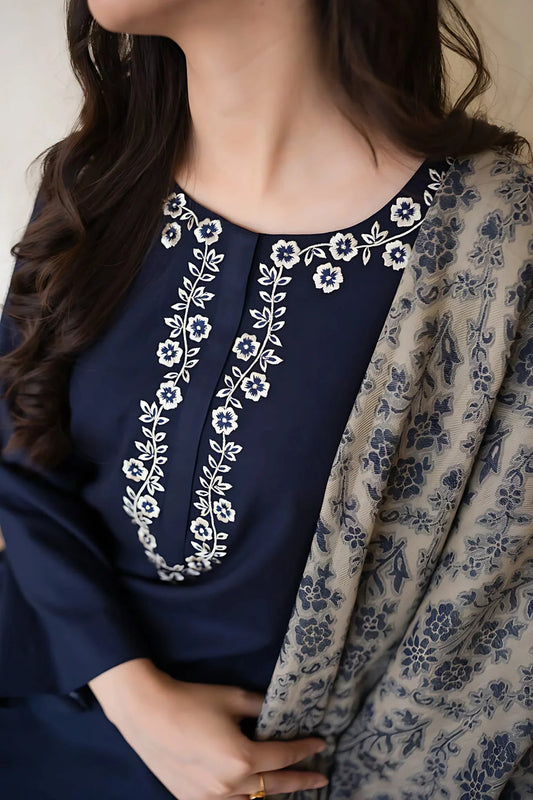 Aisling - 3PC Unstitched Dhanak Embroidered Shirt with Dhanak Shawl and Trouser
