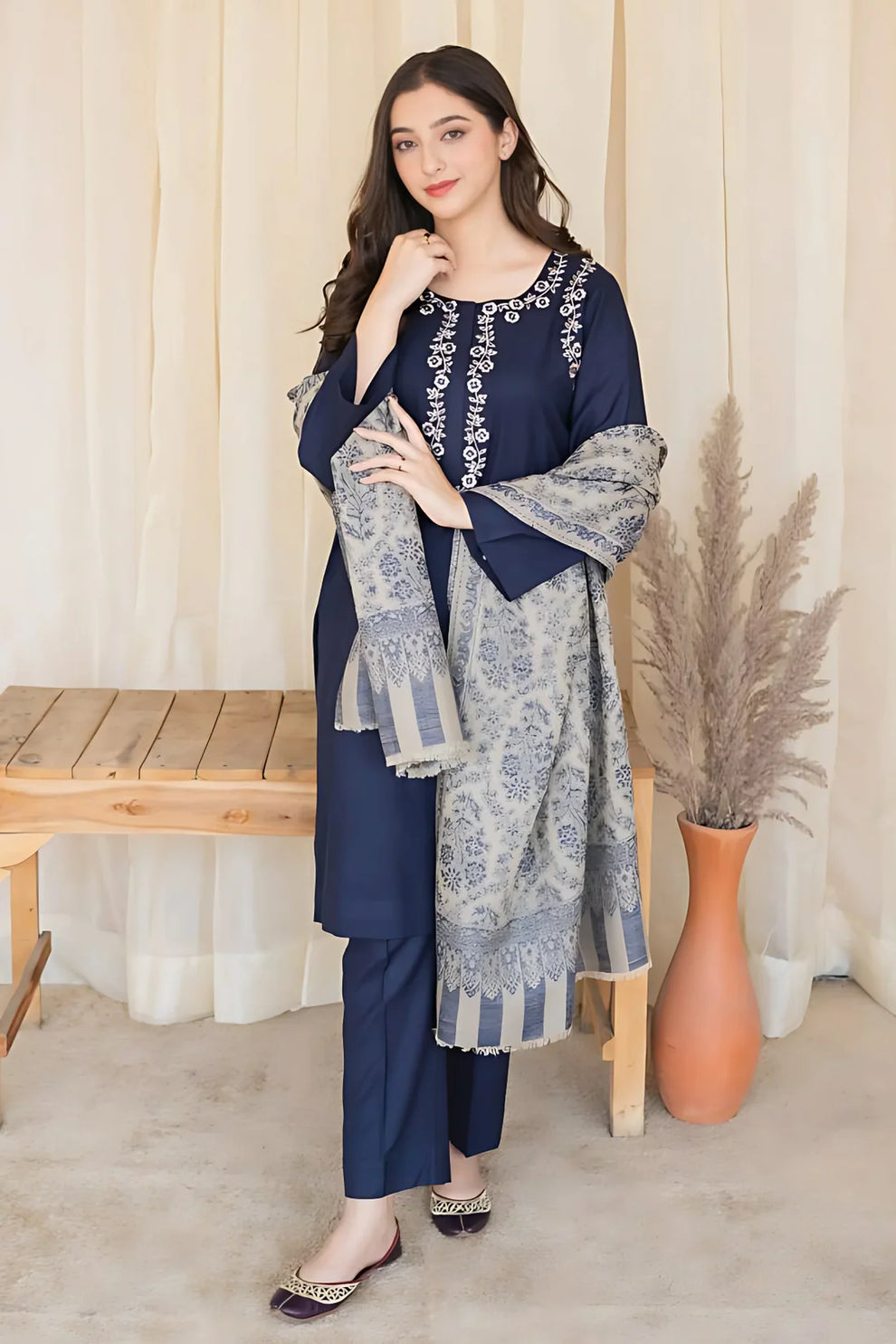 Aisling - 3PC Unstitched Dhanak Embroidered Shirt with Dhanak Shawl and Trouser