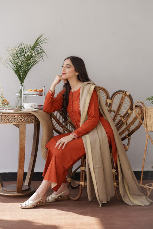 Aisling - 3PC Unstitched Dhanak Embroidered Shirt with Dhanak Shawl and Trouser