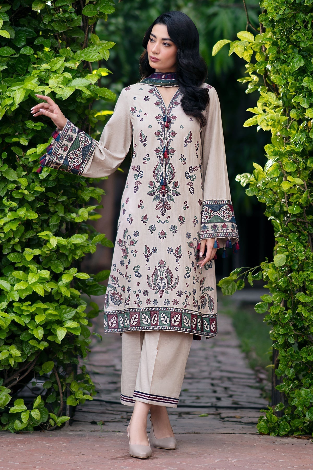 JAZMIN - 3PC DHANAK EMBROIDERED SHIRT WITH COTRAI WOOL PRINTED SHAWL AND TROUSER (Unstitched)