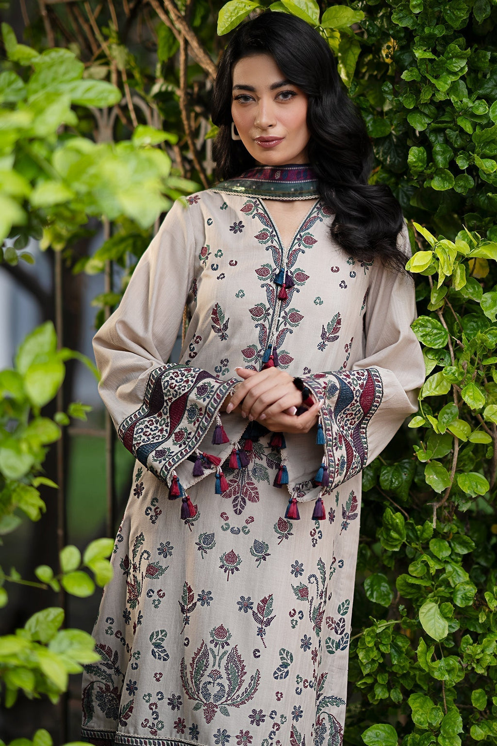 JAZMIN - 3PC DHANAK EMBROIDERED SHIRT WITH COTRAI WOOL PRINTED SHAWL AND TROUSER (Unstitched)