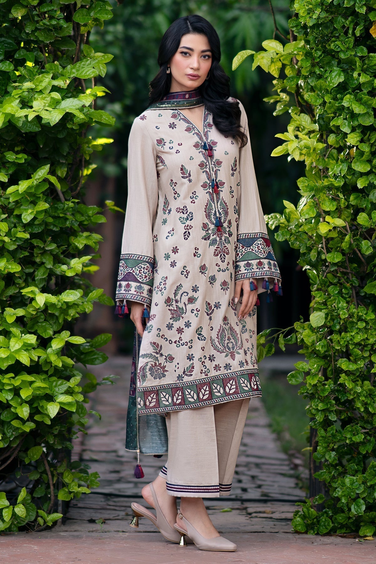 JAZMIN - 3PC DHANAK EMBROIDERED SHIRT WITH COTRAI WOOL PRINTED SHAWL AND TROUSER (Unstitched)