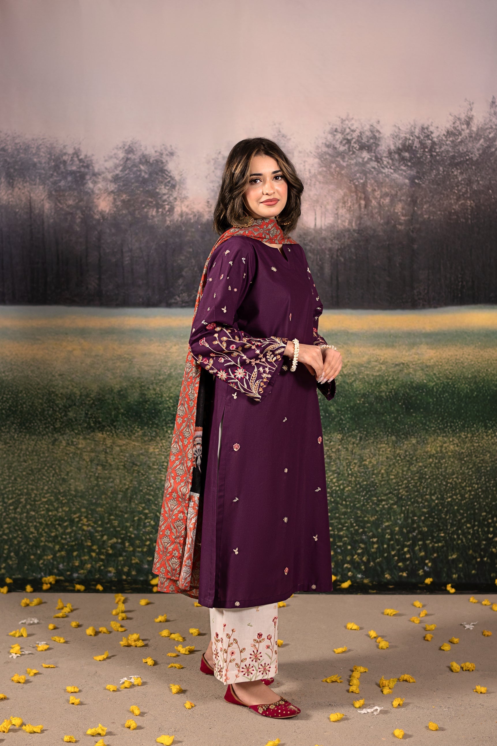 Urge - 3PC Unstitched Dhanak Embroidered Shirt with Printed Wool Shawl and Trouser