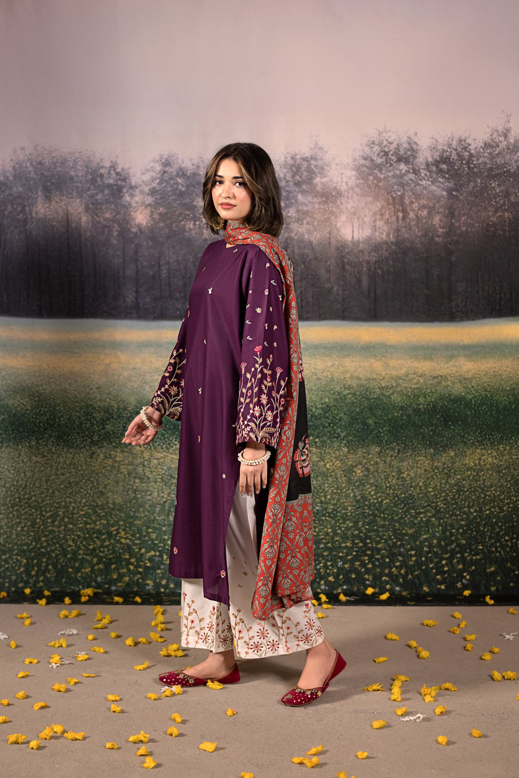 Urge - 3PC Unstitched Dhanak Embroidered Shirt with Printed Wool Shawl and Trouser