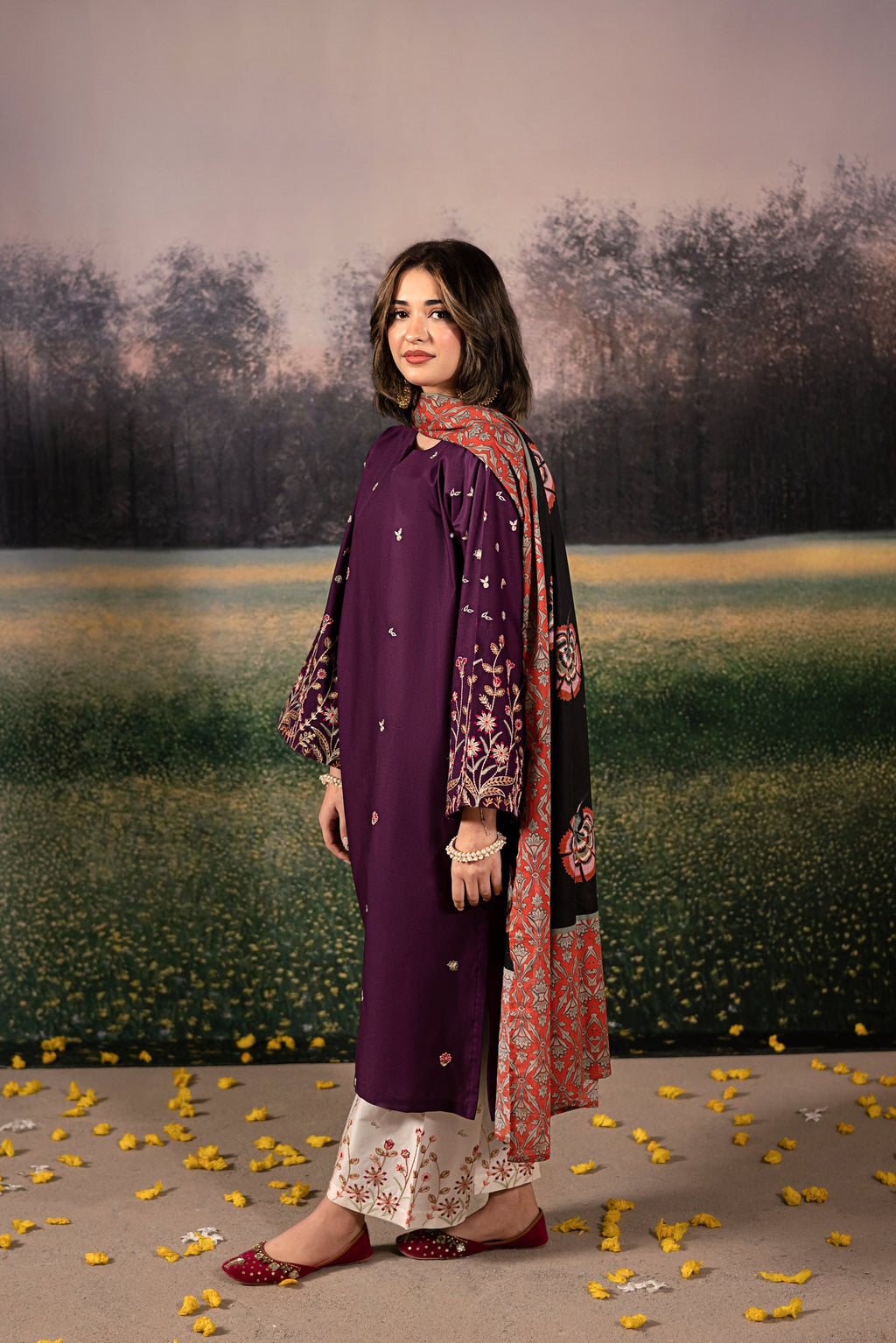 Urge - 3PC Unstitched Dhanak Embroidered Shirt with Printed Wool Shawl and Trouser