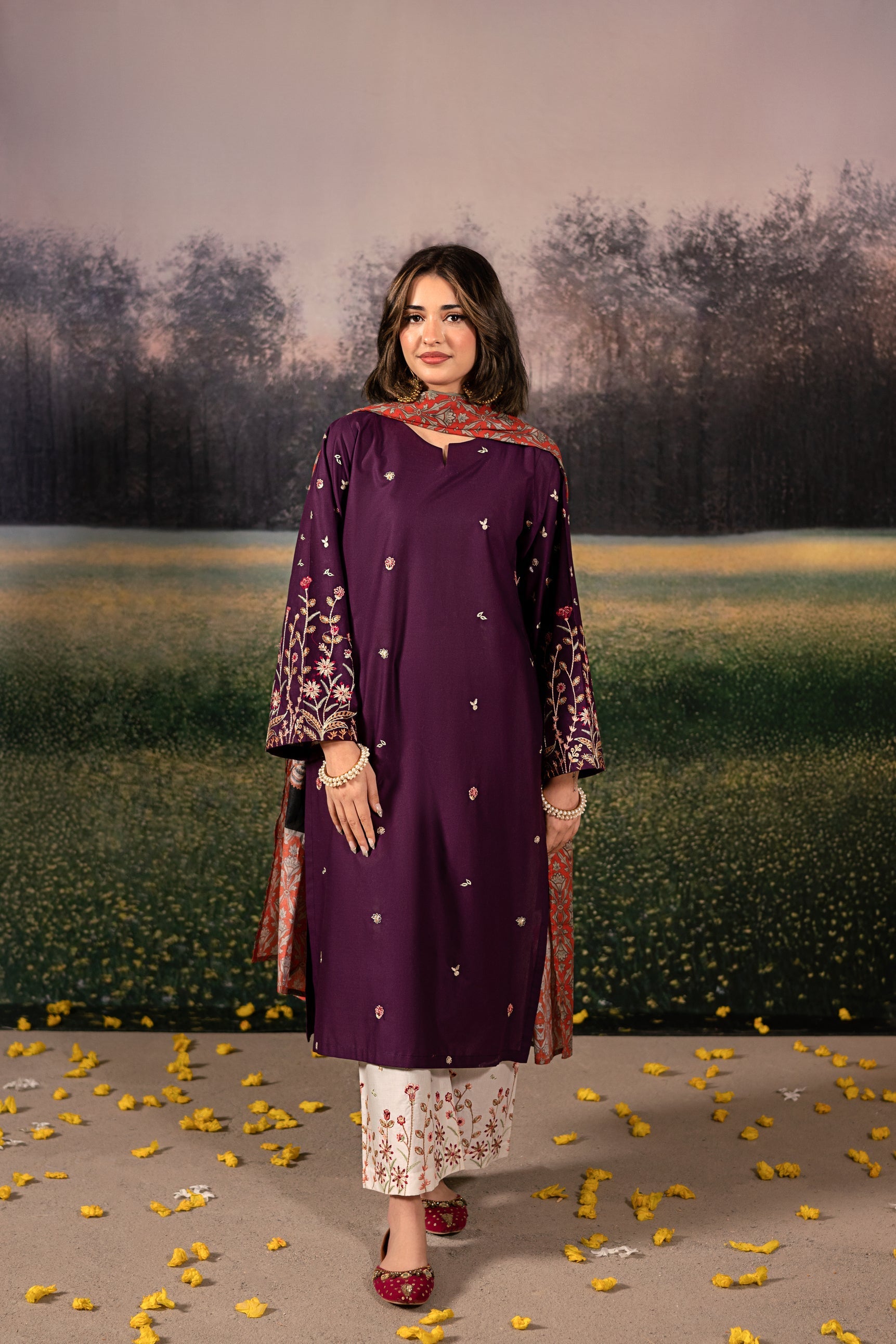 Urge - 3PC Unstitched Dhanak Embroidered Shirt with Printed Wool Shawl and Trouser