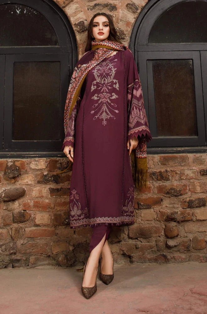 Maria B - 3PC Unstitched Dhanak Embroidered Shirt with Printed Shawl and Trouser (SYT-112)