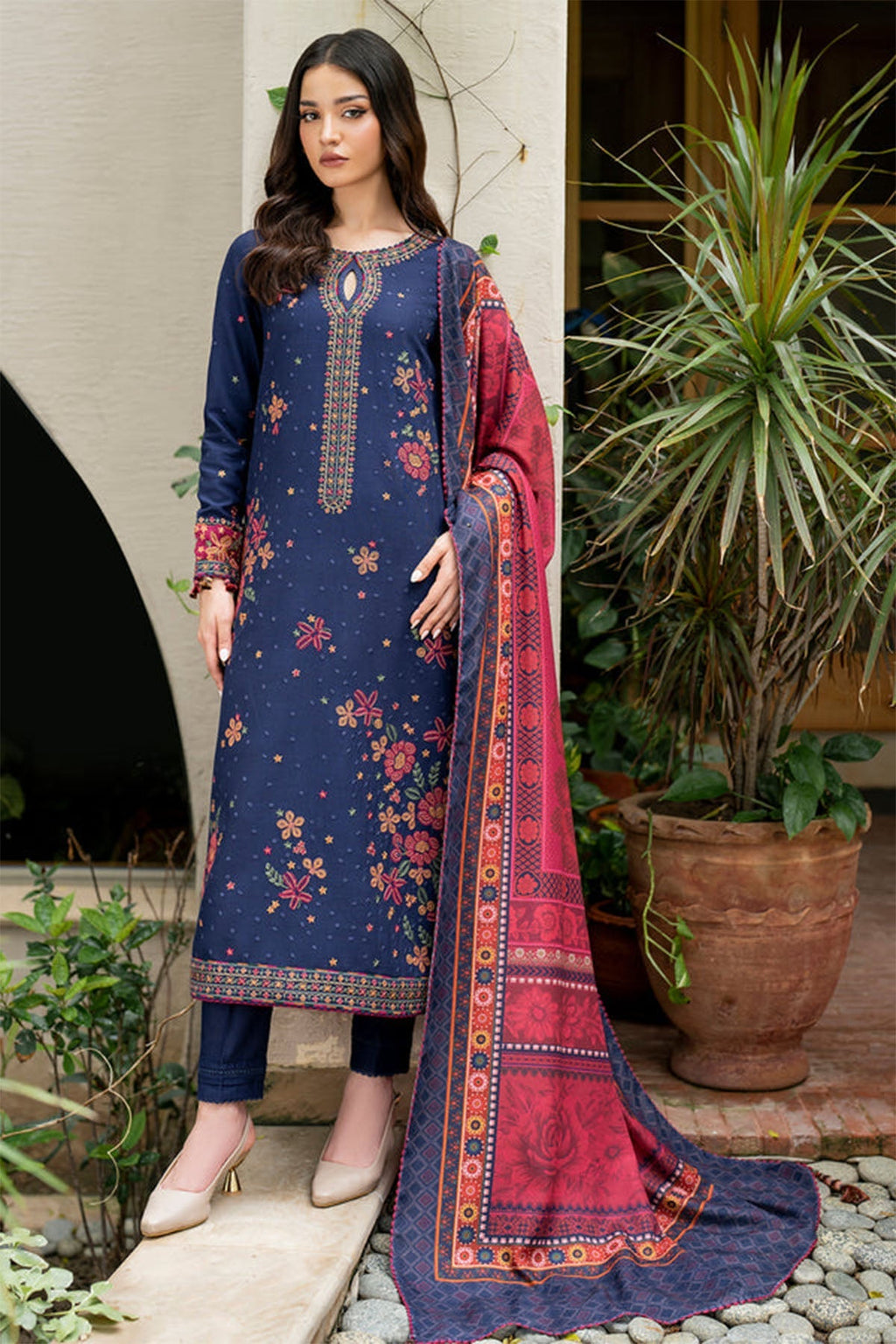 Jazmin - 3PC Unstitched Dhanak Embroidered Shirt with Printed Pashmina Wool Shawl and Trouser