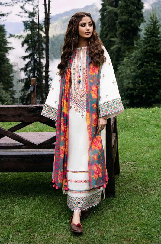 Sapphire - 3 PC Unstitched Khaddar Embroidered Shirt with Printed Pashmina Twin Shawl and Trouser