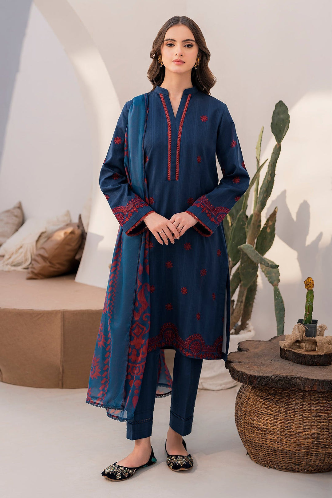 JAZMIN - 3PC DHANAK EMBROIDERED SHIRT WITH WOOL PRINTED SHAWL AND TROUSER (Unstitched)