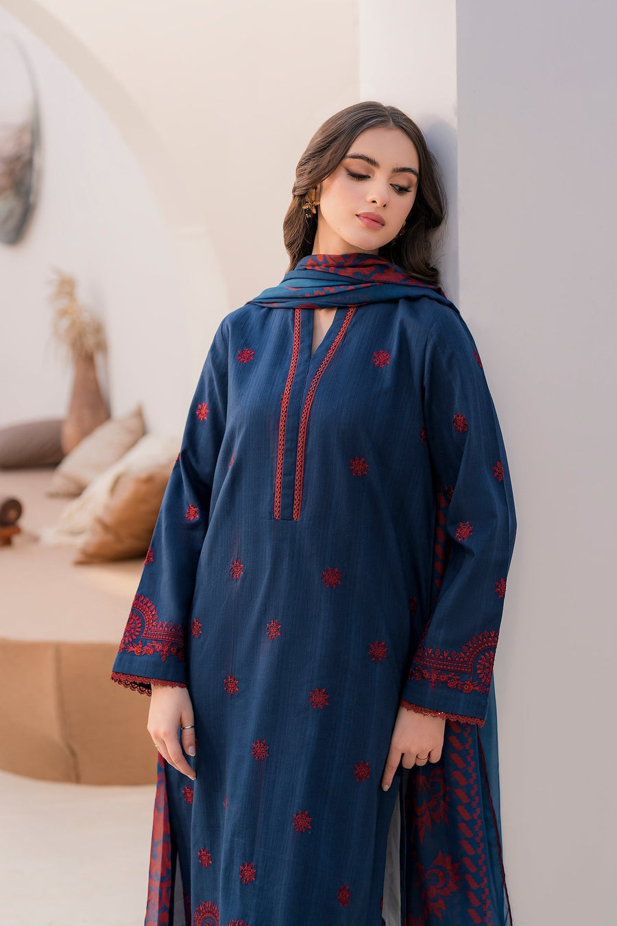 JAZMIN - 3PC DHANAK EMBROIDERED SHIRT WITH WOOL PRINTED SHAWL AND TROUSER (Unstitched)