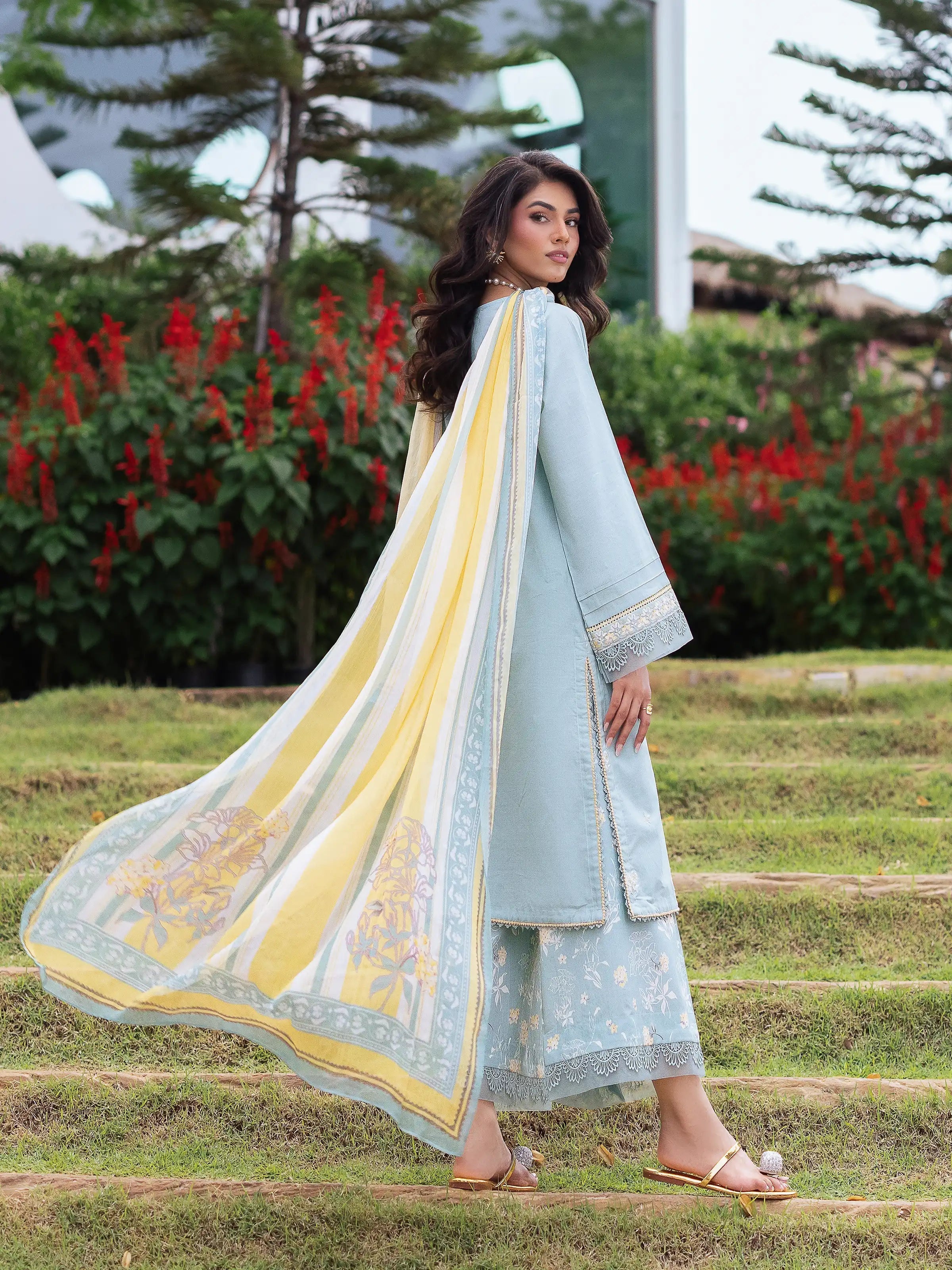 Edenrobe - 3PC Unstitched Dhanak Embroidered Shirt with Printed Wool Shawl and Embroidered Trouser