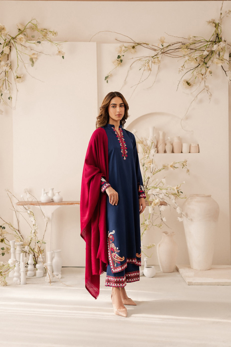 Vintage - 3PC DHANAK EMBROIDERED SHIRT WITH DHANAK SHAWL AND TROUSER (Unstitched)