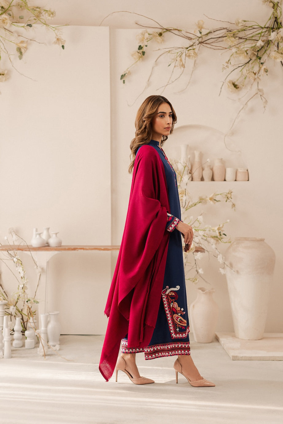 Vintage - 3PC DHANAK EMBROIDERED SHIRT WITH DHANAK SHAWL AND TROUSER (Unstitched)