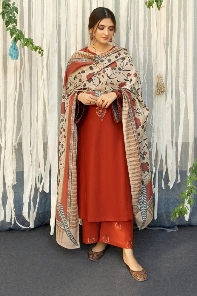 URGE - 3PC Unstitched Dhanak Embroidered Shirt with Digital Printed Pashmina Wool Shawl and Embroidered Trouser