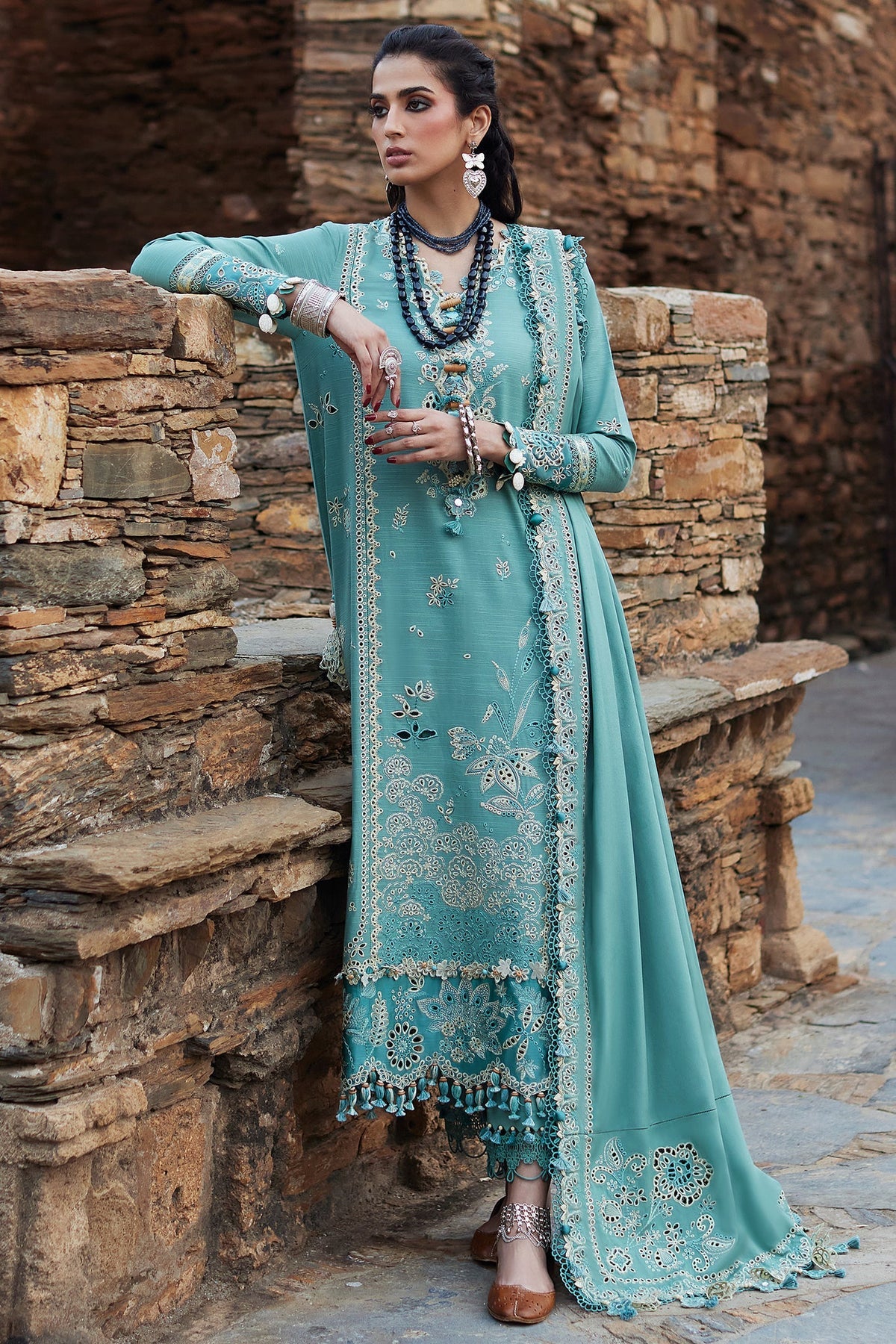 ELAN-3PC DHANAK CHIKAN EMBROIDERED SHIRT WITH DHANAK EMBROIDRED SHAWL & TROUSER (SYT-128)