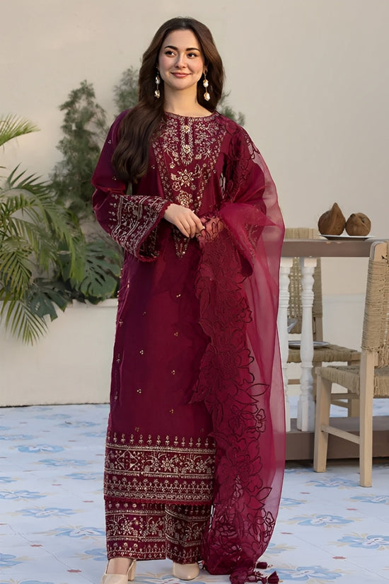 QALAMQAR-3PC DHANAK EMBROIDERED SHIRT WITH ORGANZA EMBROIDERED DUPATTA AND EMB TROUSER (SYT-144)