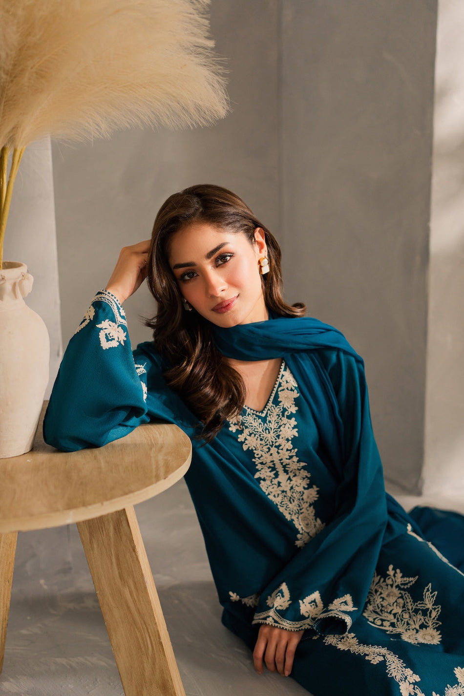 VINTAGE-3PC DHANAK EMBROIDERED SHIRT WITH BAMBER CHIFFON DUPATTA AND TROUSER SYT-152
