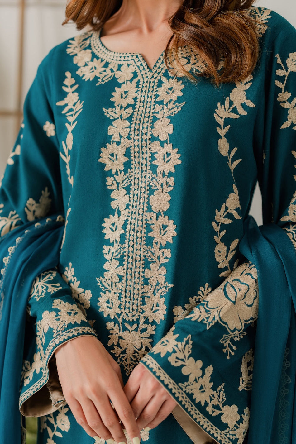 VINTAGE-3PC DHANAK EMBROIDERED SHIRT WITH BAMBER CHIFFON DUPATTA AND TROUSER (SYT-155)