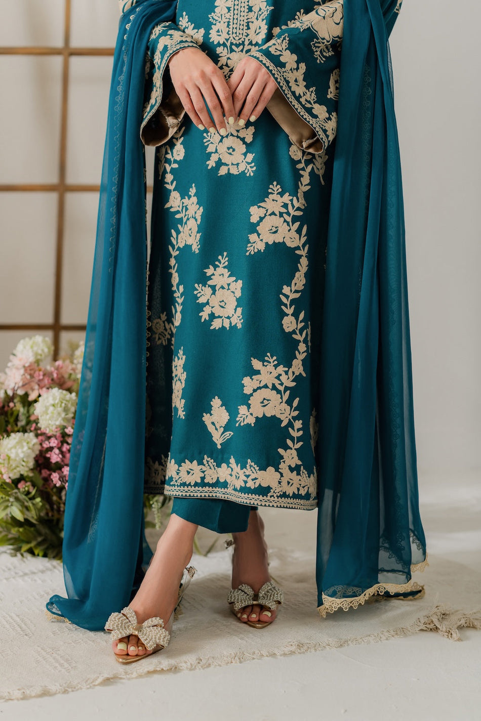 VINTAGE-3PC DHANAK EMBROIDERED SHIRT WITH BAMBER CHIFFON DUPATTA AND TROUSER (SYT-155)