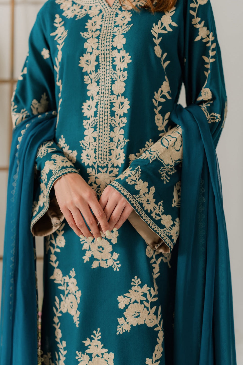 VINTAGE-3PC DHANAK EMBROIDERED SHIRT WITH BAMBER CHIFFON DUPATTA AND TROUSER (SYT-155)