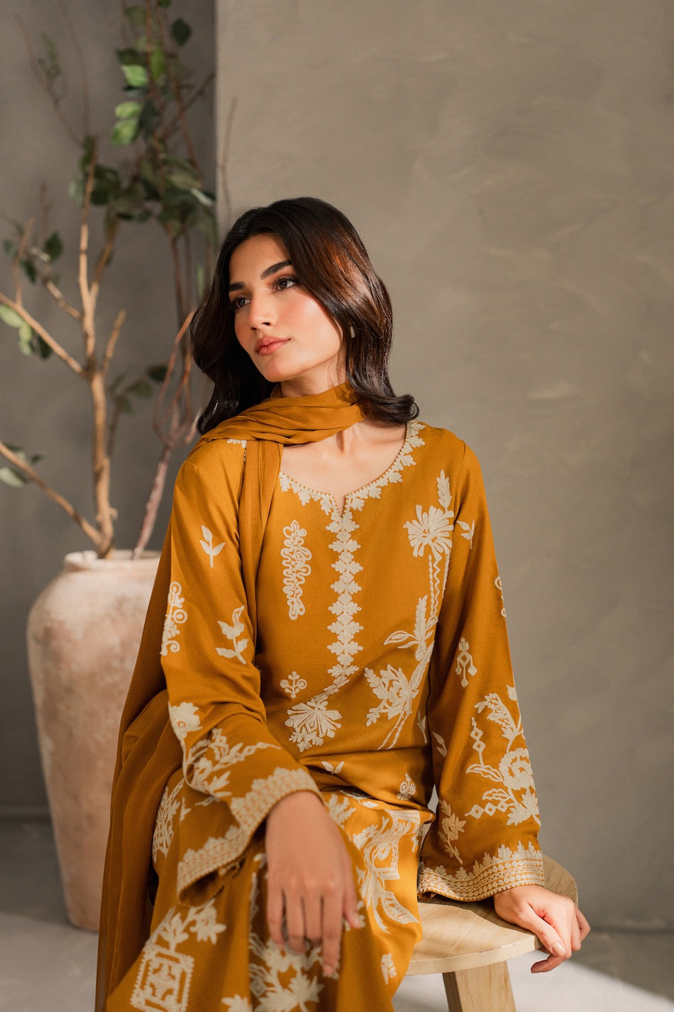 MIRANA-3PC DHANAK EMBROIDERED SHIRT WITH BAMBER CHIFFON DUPATTA AND TROUSER (SYT-158)