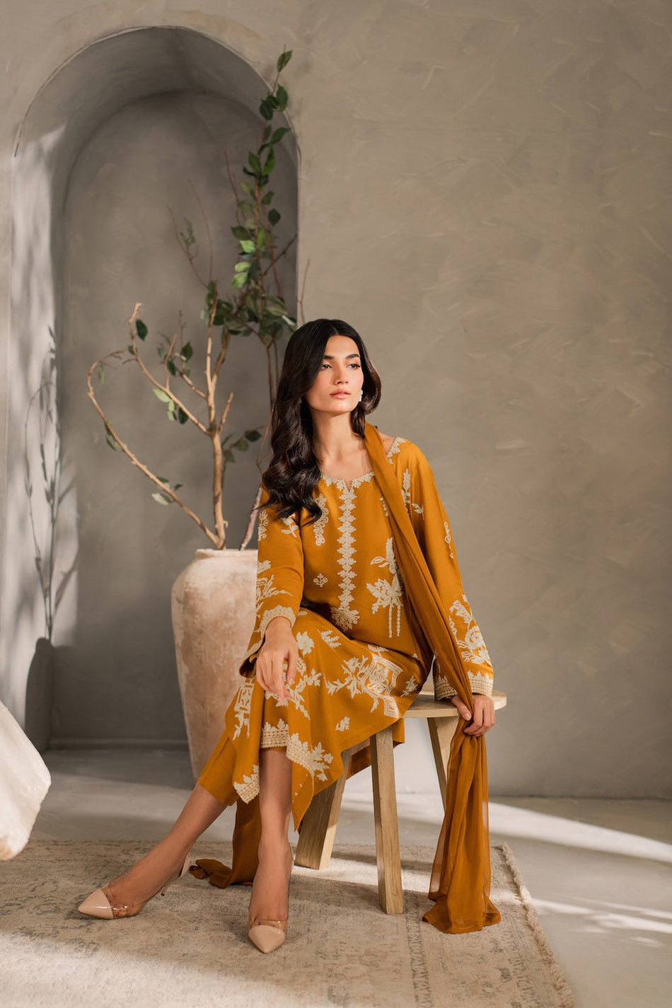 MIRANA-3PC DHANAK EMBROIDERED SHIRT WITH BAMBER CHIFFON DUPATTA AND TROUSER (SYT-158)