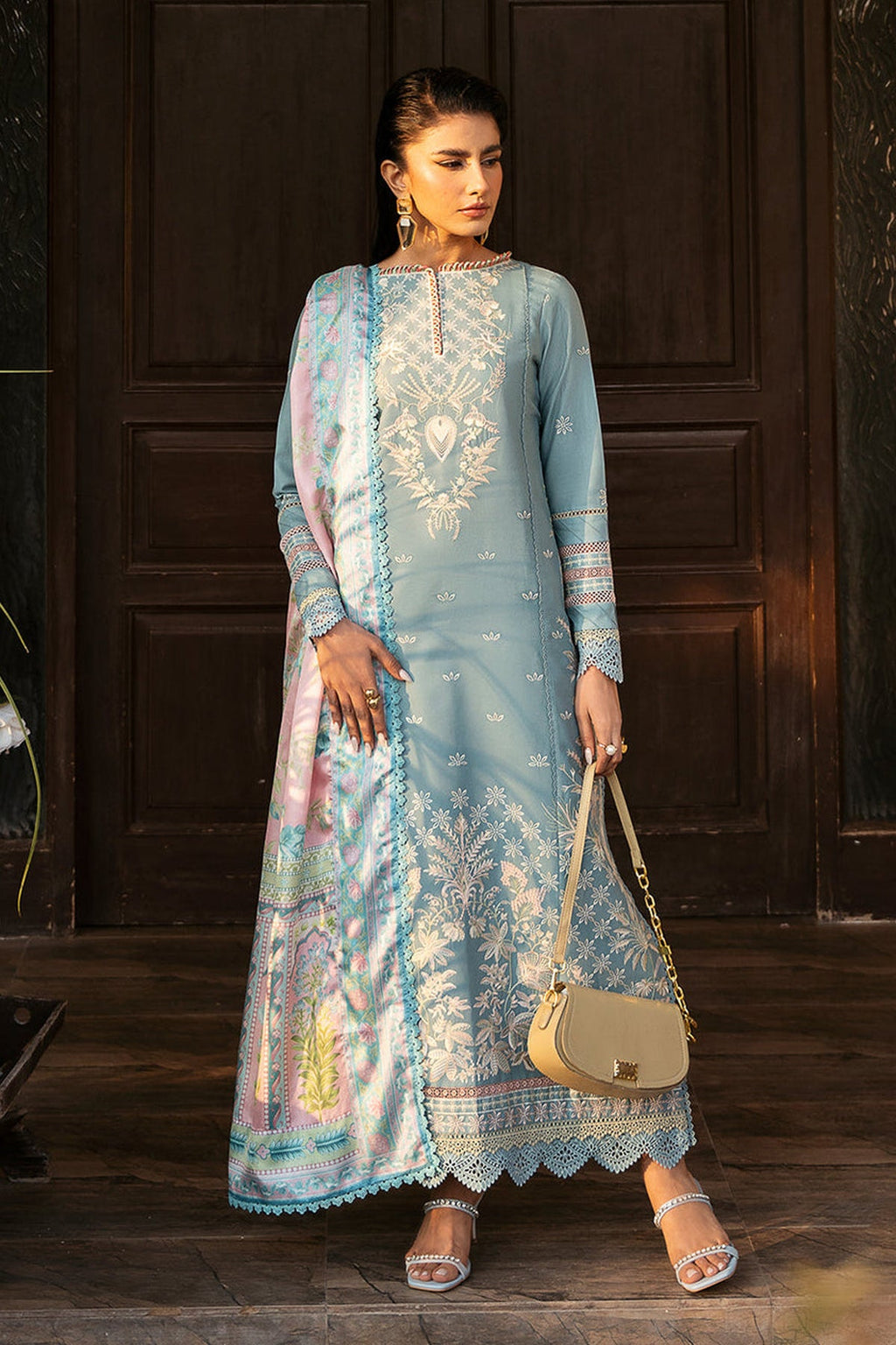 BIN ILYAS-3PC DHANAK SEQUENCE EMBROIDERED SHIRT WITH COUTRAI PRINTED SHAWL & DHANAK TOUSER (SYT-160)