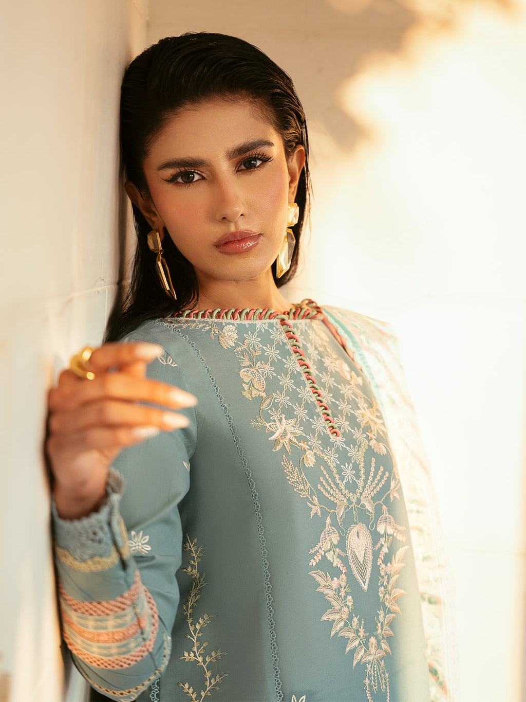 BIN ILYAS-3PC DHANAK SEQUENCE EMBROIDERED SHIRT WITH COUTRAI PRINTED SHAWL & DHANAK TOUSER (SYT-160)