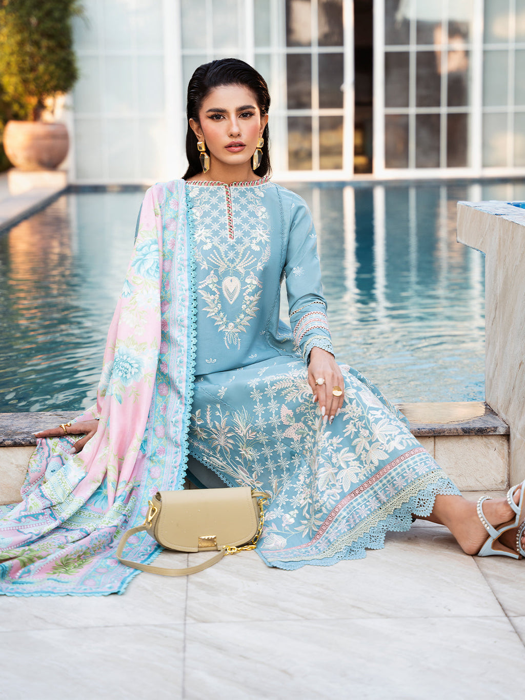 BIN ILYAS-3PC DHANAK SEQUENCE EMBROIDERED SHIRT WITH COUTRAI PRINTED SHAWL & DHANAK TOUSER (SYT-160)