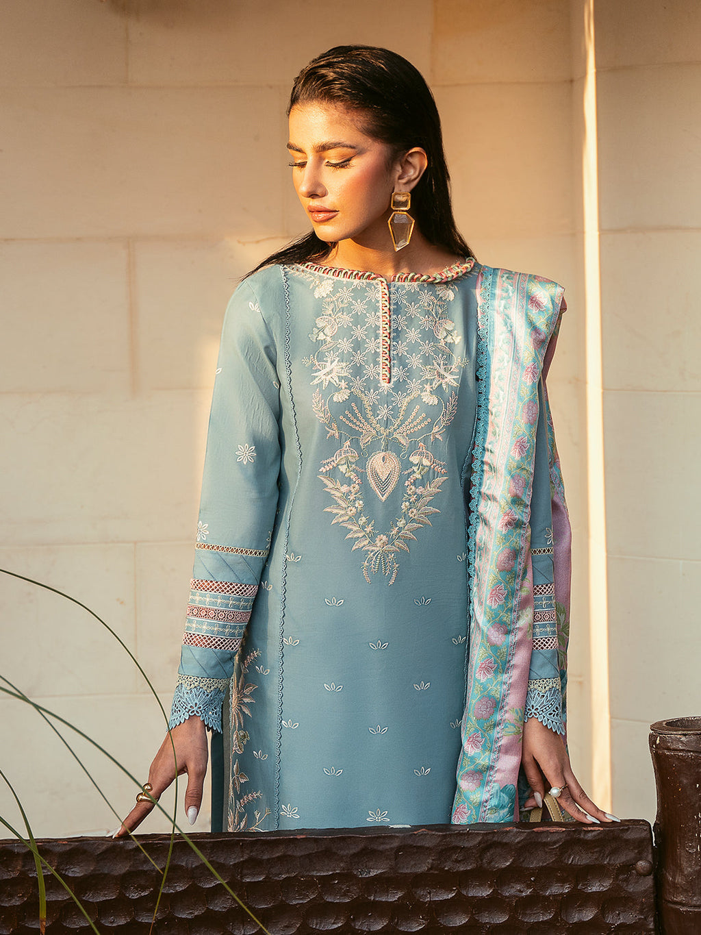 BIN ILYAS-3PC DHANAK SEQUENCE EMBROIDERED SHIRT WITH COUTRAI PRINTED SHAWL & DHANAK TOUSER (SYT-160)