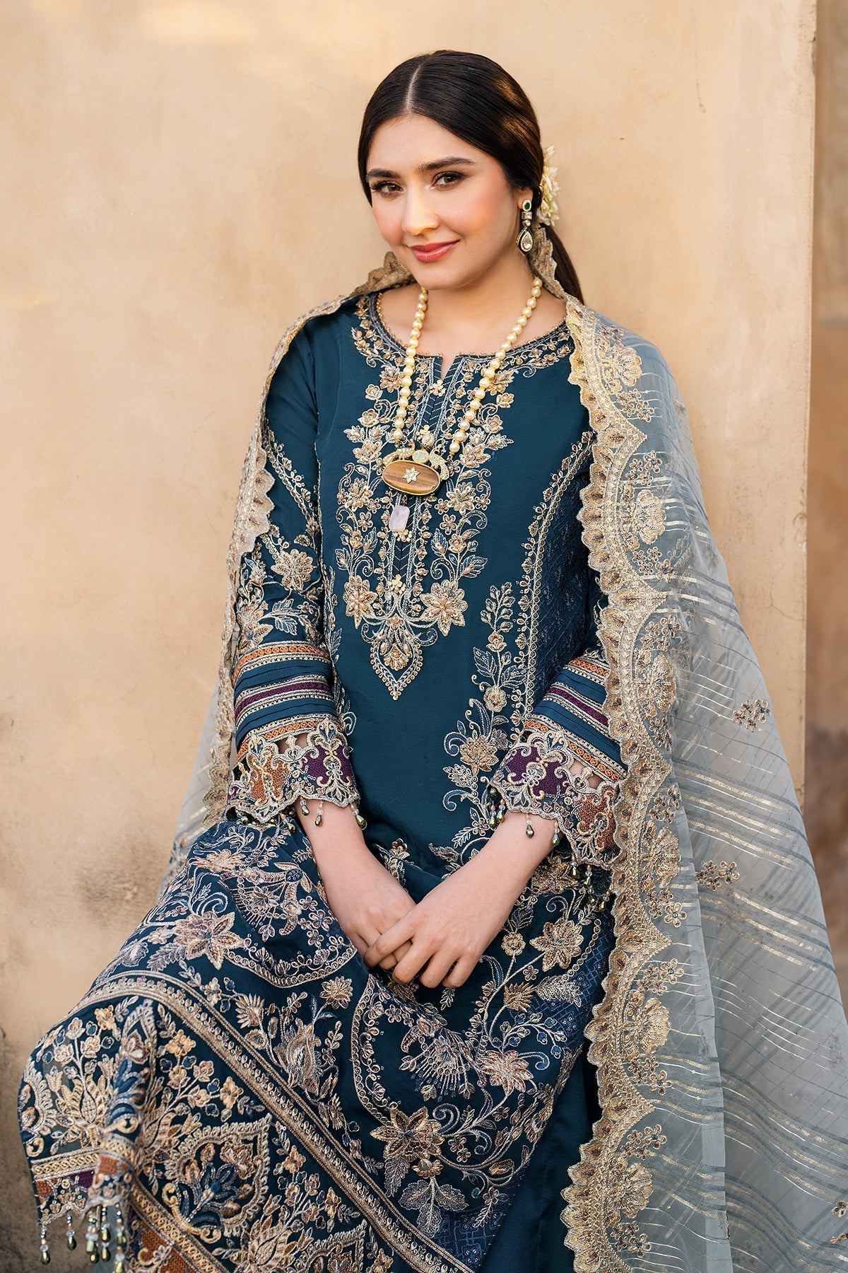 BATIK-3PC DHANAK HEAVY EMBROIDERED SHIRT WITH COTTON NET EMBROIDERED DUPATTA AND EMB TROUSER (SYT-162)