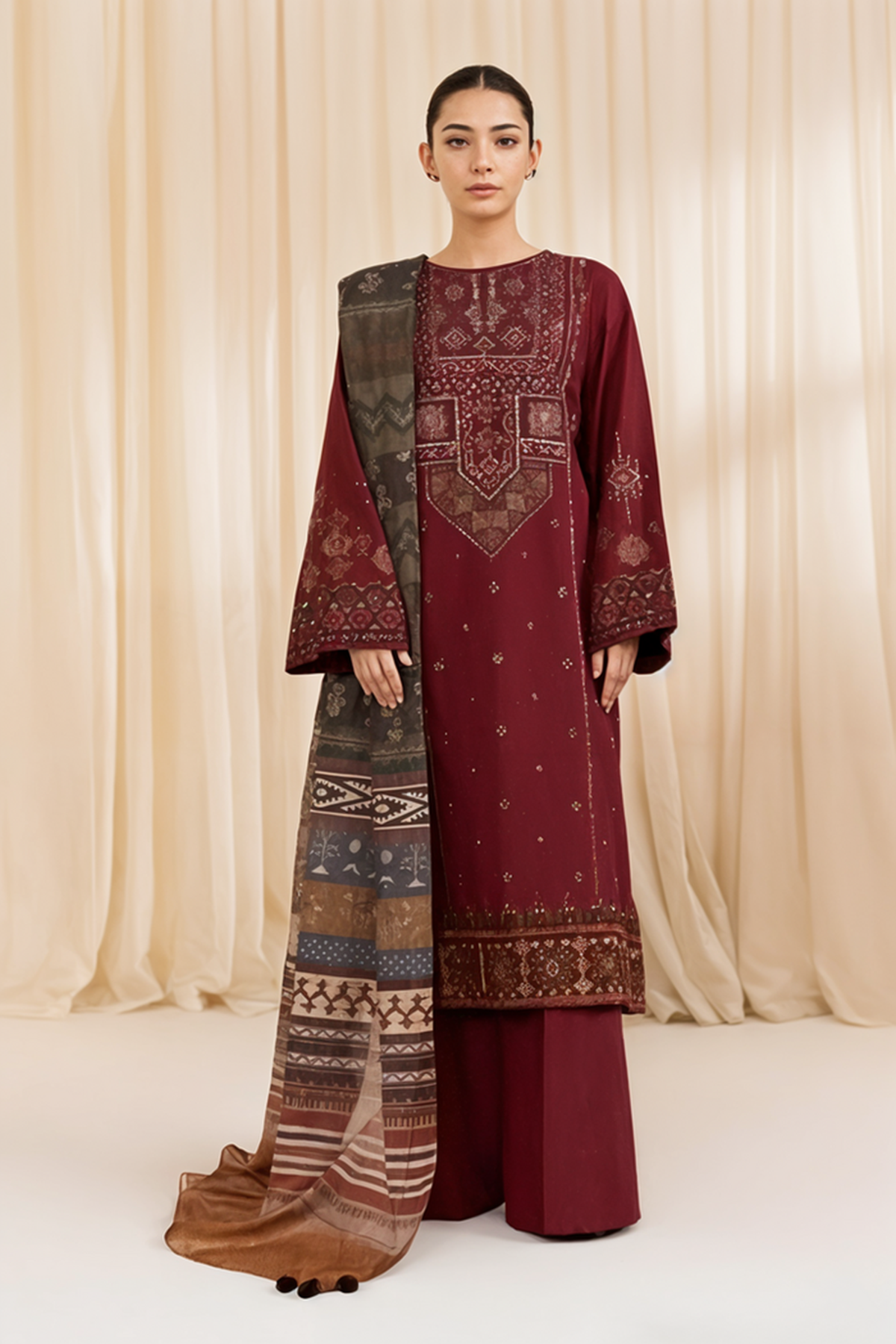 Sapphire - 3PC Unstitched Dhanak Embroidered Front with Digital Printed Shawl and Plain Trouser (SYT-166)