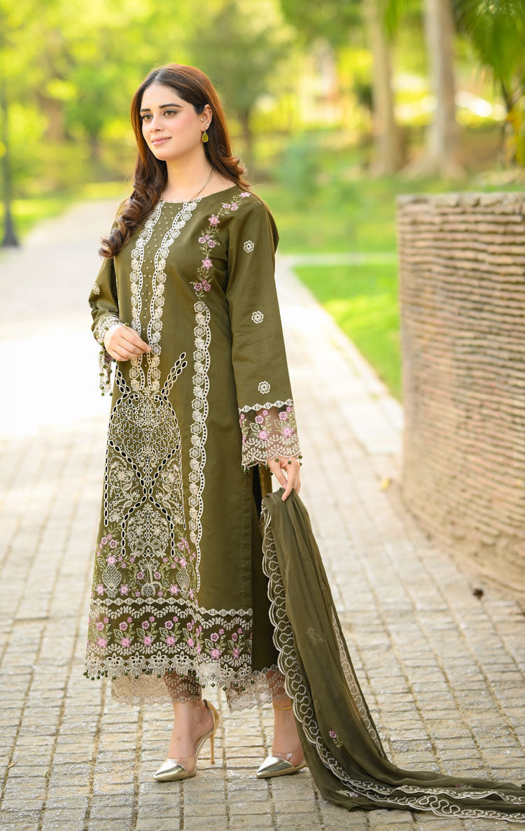 LIBAAS - UNSTITCHED 3PC KARANDI EMBROIDERED SHIRT WITH KARANDI EMBROIDERED SHAWL & EMB TROUSER (SYT-177)