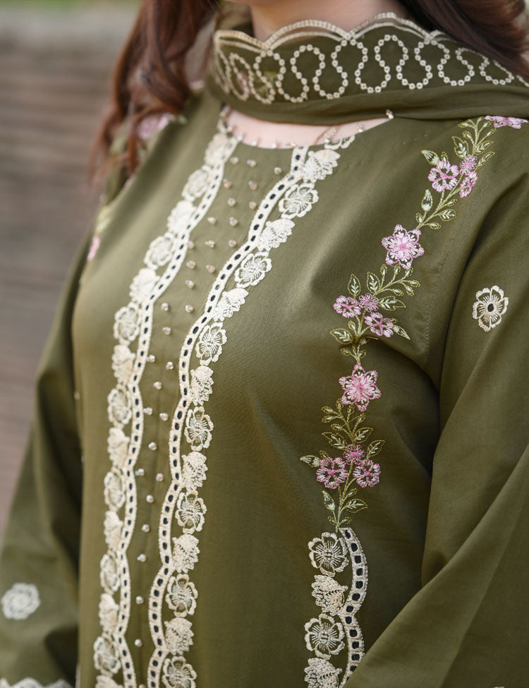 LIBAAS - UNSTITCHED 3PC KARANDI EMBROIDERED SHIRT WITH KARANDI EMBROIDERED SHAWL & EMB TROUSER (SYT-177)