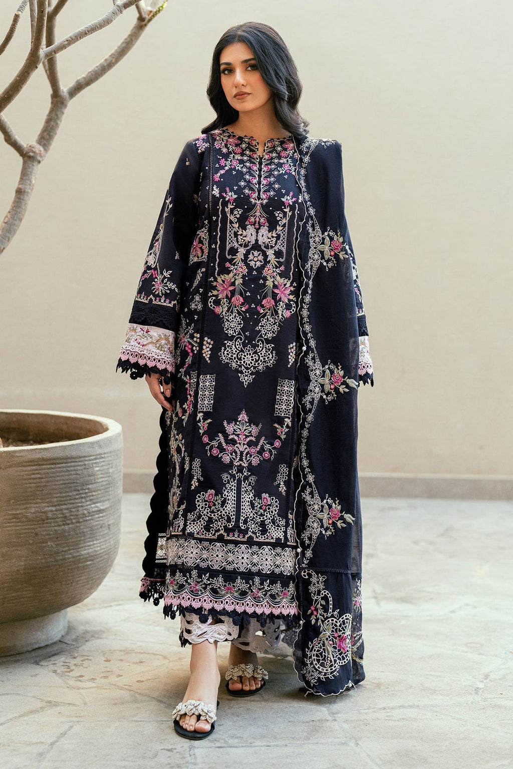 FLORENT - UNSTITCHED 3PC DHANAK EMBROIDERED SHIRT WITH CHIFFON EMBROIDERED DUPATTA & TROUSER (SYT-190)