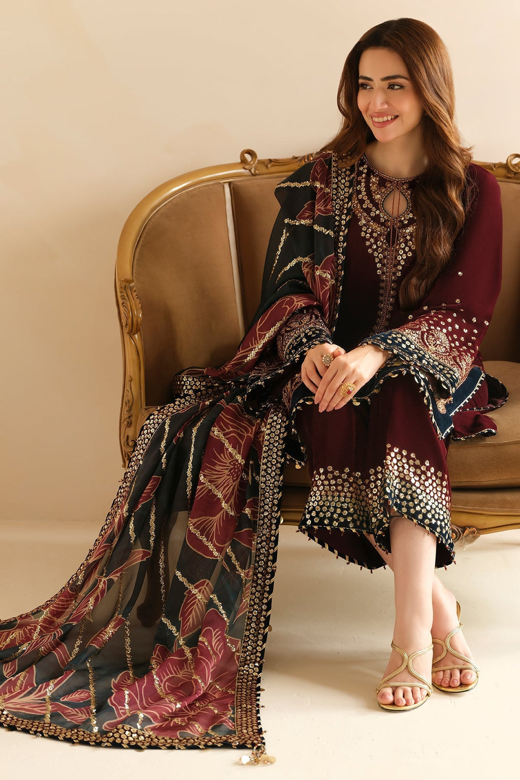 Jazmin 3PC Embroidered Velvet Suit with Embroidered Organza Dupatta (SYT-196)