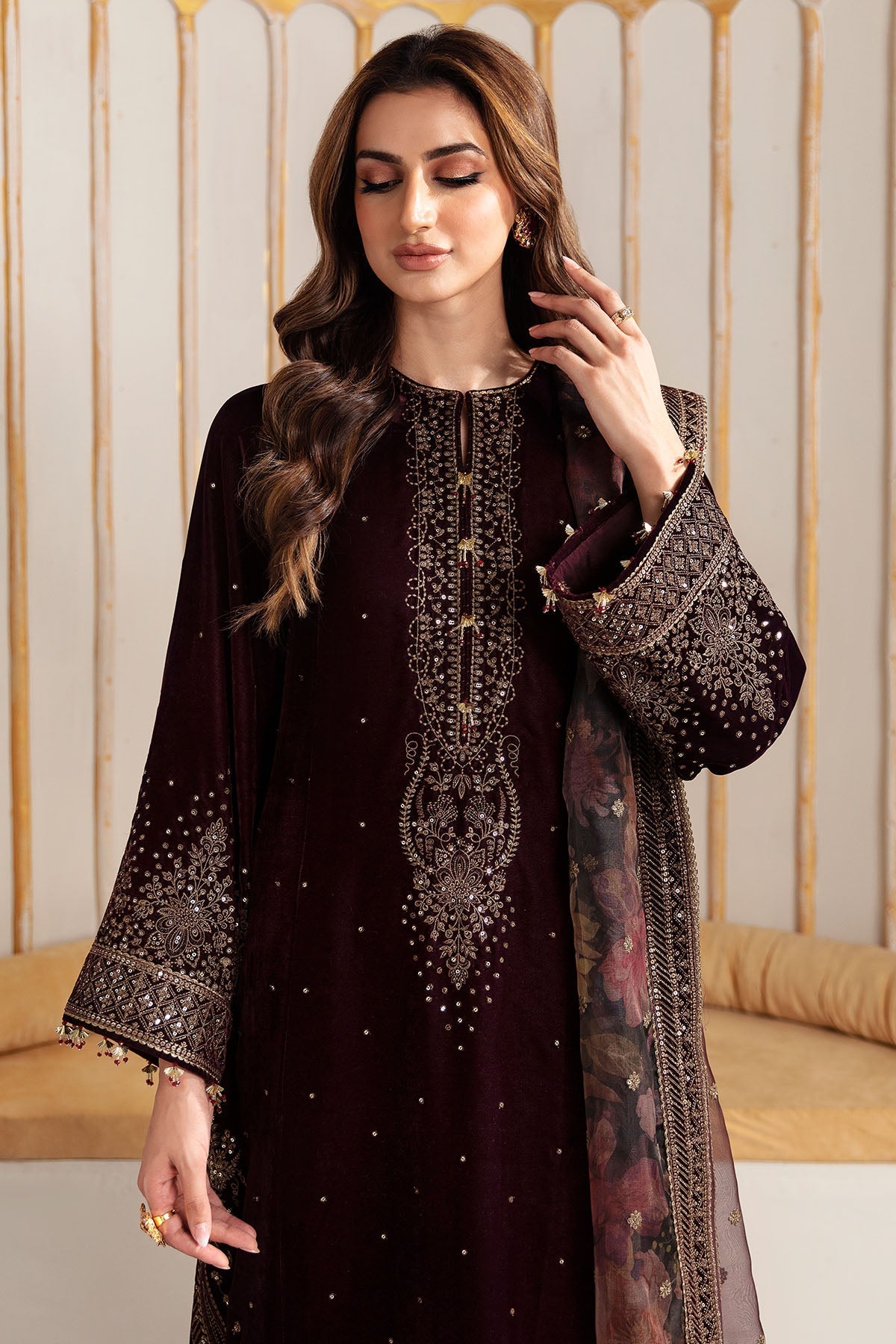 Jazmin 3PC Embroidered Velvet Suit with Embroidered Organza Dupatta (SYT-199)
