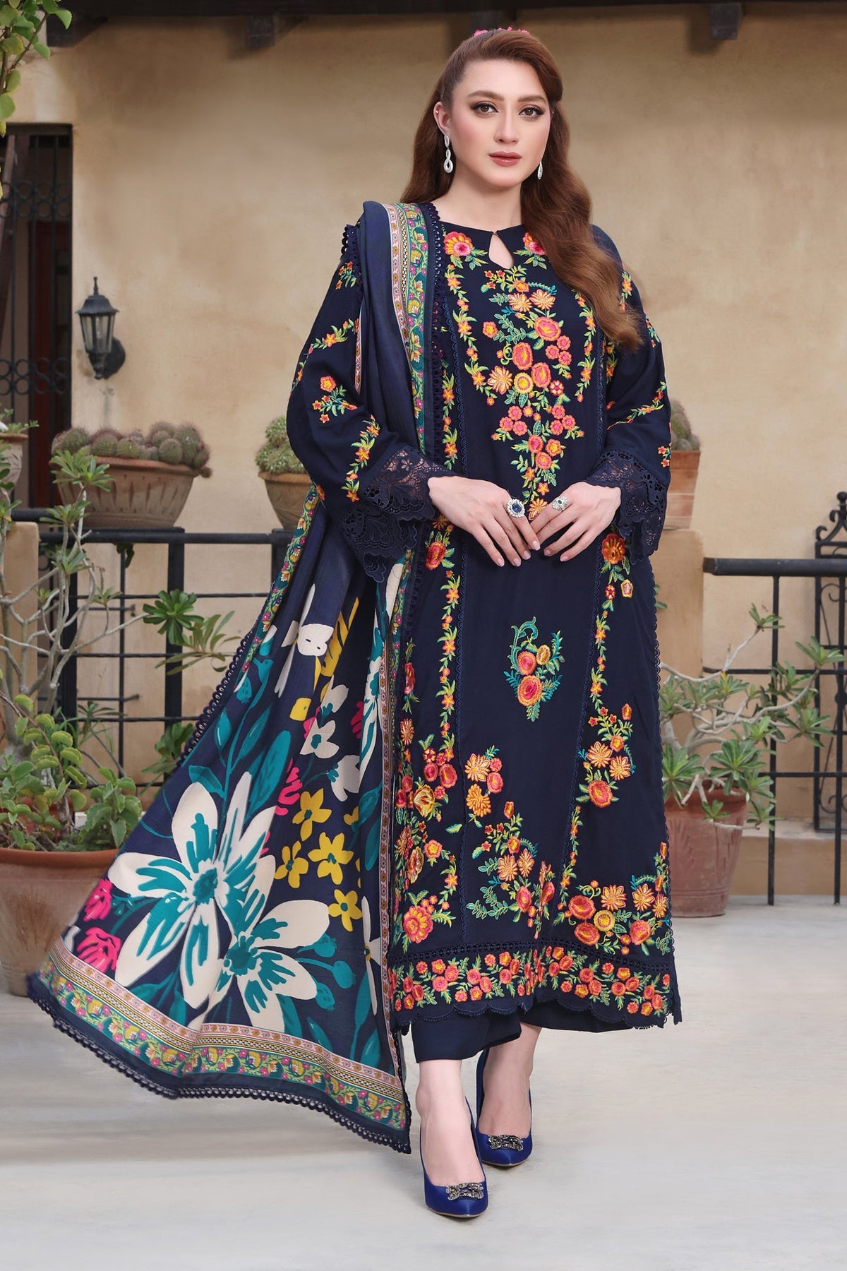 ANEELA’S - 3PC DHANAK EMBROIDERED SHIRT WITH COURTRAI PRINTED SHAWL & TROUSER (SYT-208)