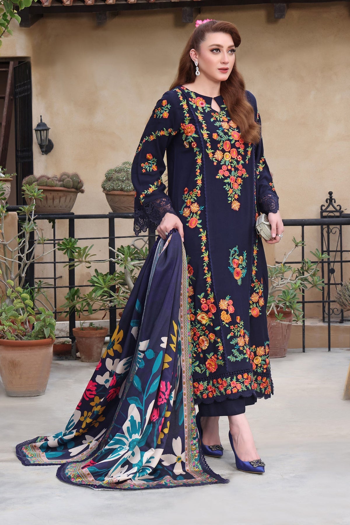 ANEELA’S - 3PC DHANAK EMBROIDERED SHIRT WITH COURTRAI PRINTED SHAWL & TROUSER (SYT-208)